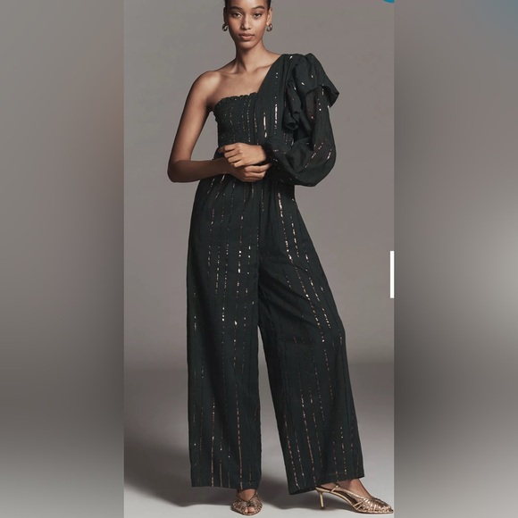 FARM Rio Pants - FARM Rio Black One-Shoulder Jumpsuit with Metallic Stripes